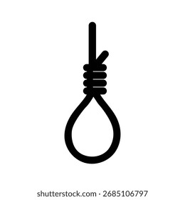 Vector silhouette of a hanging noose, symbolizing despair, prominently displayed against a clean, plain white background, emphasizing the starkness of the icon.