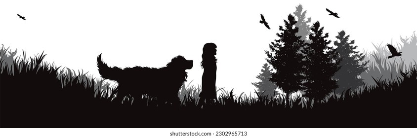 Vector silhouette of happy child with his dog in nature. Symbol of pet and healthy lifestyle.
