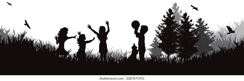 Silueta vectorial de niños felices con su perro en la naturaleza. Símbolo de estilo de vida saludable y de mascota.