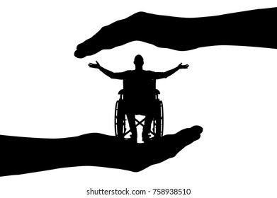 Vector silhouette happy disabled man in wheelchair in hands of help. Conceptual scene, element for design