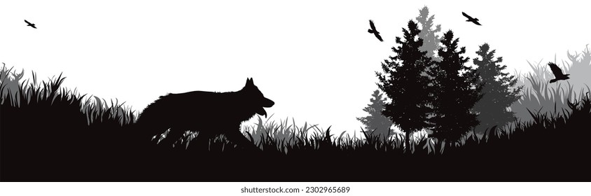 Vector silhouette of happy dog running in nature. Symbol of pet and healthy lifestyle.