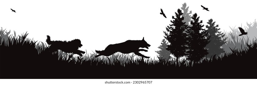 Vector silhouette of happy dogs running in nature. Symbol of pet and healthy lifestyle.