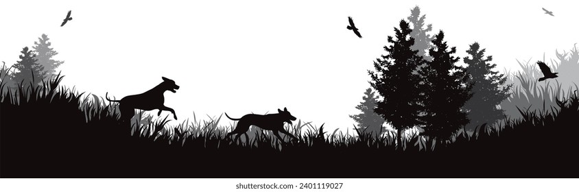 Vector silhouette of happy dogs running in park. Symbol of nature and pet.