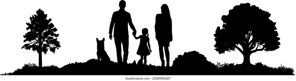 Vector silhouette - Happy family - father daughter dog mother in nature - outdoor - cohesion