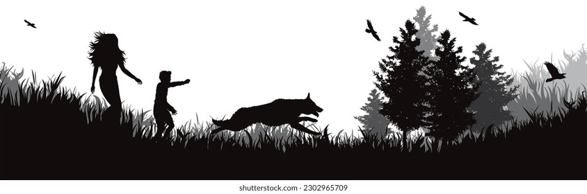 Vector silhouette of happy family with her dog in nature. Symbol of pet and healthy lifestyle.