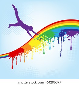 vector silhouette of a happy man dancing with rainbow