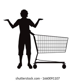 Silueta vectorial de hombre feliz empuja el carro de la compra sobre fondo blanco. Símbolo de accesorios de tienda y venta.