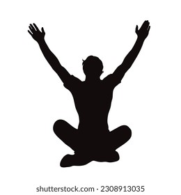Silueta vectorial de un hombre feliz sentado sobre fondo blanco. Símbolo de felicidad.