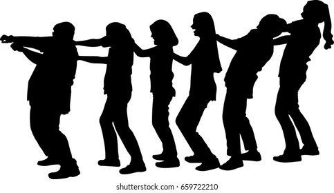 Vector silhouette of happy trendy teenage friends walking in a row line holding forward guy by shoulders with hands and facing his back. Playing millipede game. friend Forming a Train