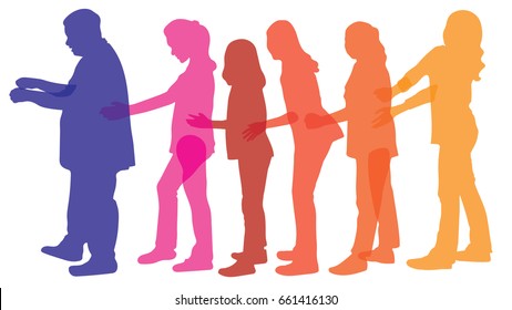 Vector silhouette of happy trendy teenage friends walking in a row line holding forward guy by shoulders with hands and facing his back. Playing millipede game. friend Forming a Train