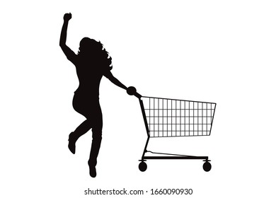Vector silhouette of happy woman push shopping cart on white background. Symbol of shop accessories and sale.