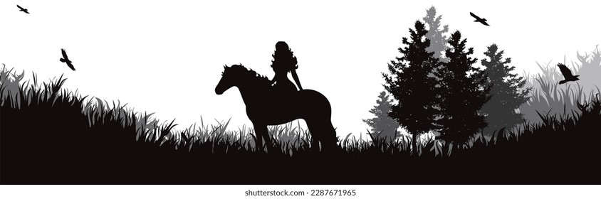 Vector silhouette of happy woman riding her horse in nature.Symbol of pet and healthy lifestyle.