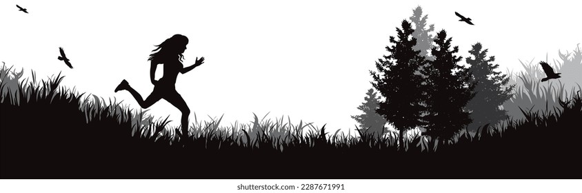 Vector silhouette of happy woman running in nature. Symbol of sport and healthy lifestyle.