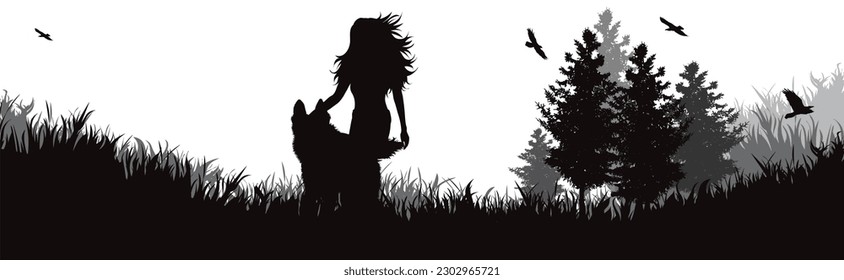 Vector silhouette of happy woman walking with her dog in nature. Symbol of pet and healthy lifestyle.