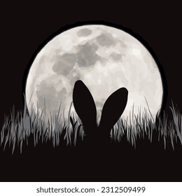 Vector silhouette of a hare hiding in the grass on moon background. Symbol of nature and animal.