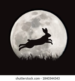 Vector silhouette of hare on moon background. Symbol of night and field animals.