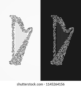 Vector silhouette of the harp ornamental ornate ornaments and curls. Illustration isolated on black and white background.