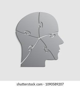 Vector silhouette head puzzle five pieces, steps, parts. Business infographic concept. Info symbol education, knowledge, psychology, memory, logic. Template design puzzles element. Puzzle infographic.