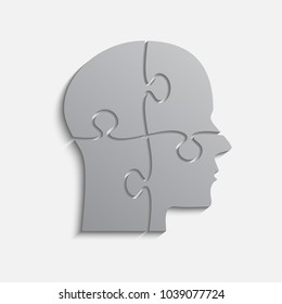 Vector silhouette head puzzle four pieces, steps, parts. Business infographic concept. Info symbol education, knowledge, psychology, memory, logic. Template design puzzles element. Puzzle infographic.