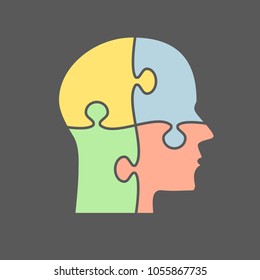 Vector silhouette head puzzle four pieces, steps, parts. Business infographic concept. Info symbol education, knowledge, psychology, memory, logic. Template design puzzles element. Puzzle infographic.