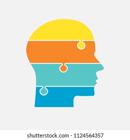 Vector silhouette head puzzle four pieces, steps, parts. Business infographic concept. Info symbol education, knowledge, psychology, memory, logic. Template design puzzles element. Puzzle infographic.