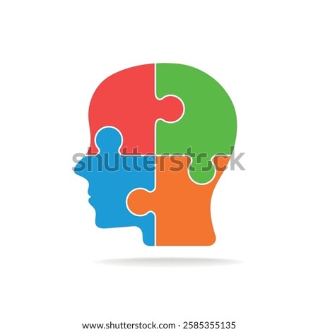 Vector silhouette head puzzle four pieces, steps, parts. Business infographic concept. Info symbol education, knowledge, psychology, memory, logic. Template design puzzles element. on white background