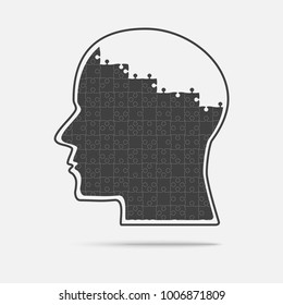 Vector silhouette head puzzle pieces. Mental and brain illness. Business infographic concept. Shape symbol education, knowledge, psychology, memory, logic. Template design puzzles element.