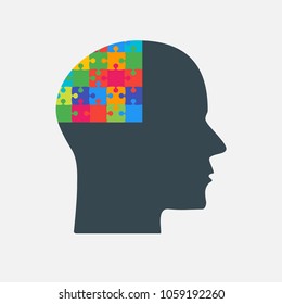 Vector silhouette head puzzle pieces. Mental and brain illness. Business infographic concept. Shape symbol education, knowledge, psychology, memory, logic. Template design colored puzzles element.