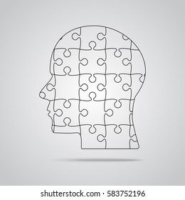 Vector silhouette head puzzle pieces. Mental and brain illness. Business infographic concept. Shape symbol education, knowledge, psychology, memory, logic. Template design puzzles element.