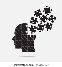 Vector silhouette head puzzle pieces. Mental and brain illness. Business infographic concept. Shape symbol education, knowledge, psychology, memory, logic. Template design puzzles element.