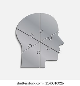 Vector silhouette head puzzle six pieces, steps, parts. Business infographic concept. Info symbol education, knowledge, psychology, memory, logic. Template design puzzles element. Puzzle infographic.