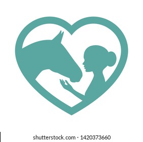 Vector silhouette of heart inside girl stroking horse. Isolated on white background