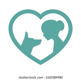 Vector silhouette of heart inside girl stroking dog. Isolated on white background