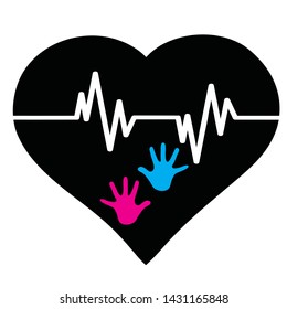 Vector silhouette of heart with child´s palm and pulse. Symbol of children, healthy.
