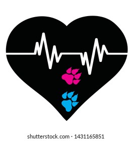 Vector silhouette of heart with animal´s pawn and pulse. Symbol of dog, cat, pet, healthy, veterinary.