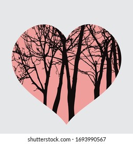 Silueta vectorial de corazón con árboles en el fondo. Símbolo de bosque y naturaleza.