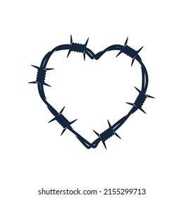 Vector silhouette heart twisted from barbed wire. Isolated on white background.