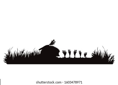 Vector silhouette of hedgehog eat carrot on garden. Symbol of animal, field, farm, destroy, corp, pest.