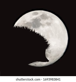 Vector silhouette of hedgehog with moon background. Symbol of night.