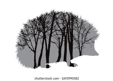 Vektorillustration Silhouette von Igel mit Bäumen auf dem Hintergrund. Symbol des Waldes.