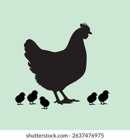 vector silhouette of a hen with her chicks on a green background