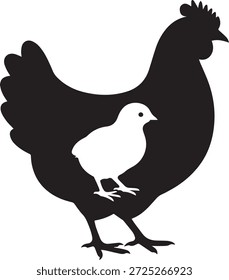 Silueta de Vector de una gallina con un pollito dentro. Familia del pájaro de la granja aislada en el fondo blanco. Símbolo de la maternidad, el cuidado, la agricultura, las aves de corral y la vida rural.