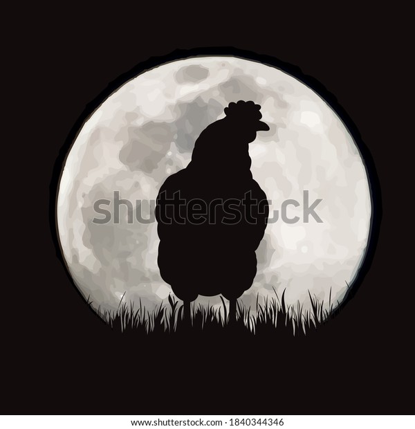 Vector silhouette of hen on moon background.\
Symbol of night and farm\
animals.