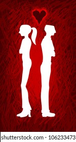 A vector silhouette of a heterosexual couple standing with their backs toward each other, indicating they're having a fight or some disagreement or relationship tension.