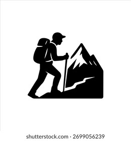Silhueta vetorial de um andarilho ascendendo um pico de montanha, simbolizando exploração, desafio e espírito de aventura.