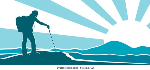 Vector silhouette of a hiker with backpack and hiking pole on mountain top observing the landscape on stylized sunrise background. Illustration