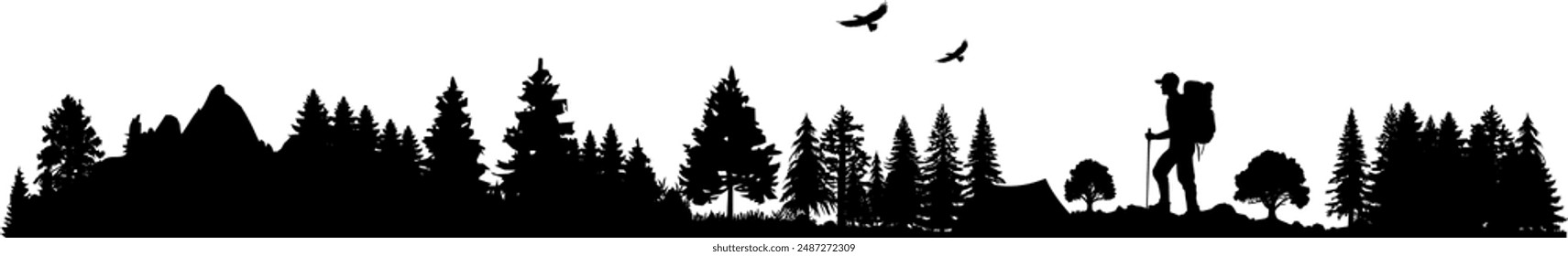 Vector silhouette - hiker in nature outdoor - trees and forests and mountains - hiking trail