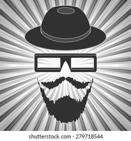 Vector silhouette hipster on black and white sunburst background.