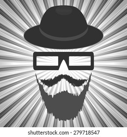 Vector silhouette hipster on black and white sunburst background.