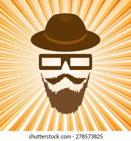 Vector silhouette hipster on orange sunburst background.
